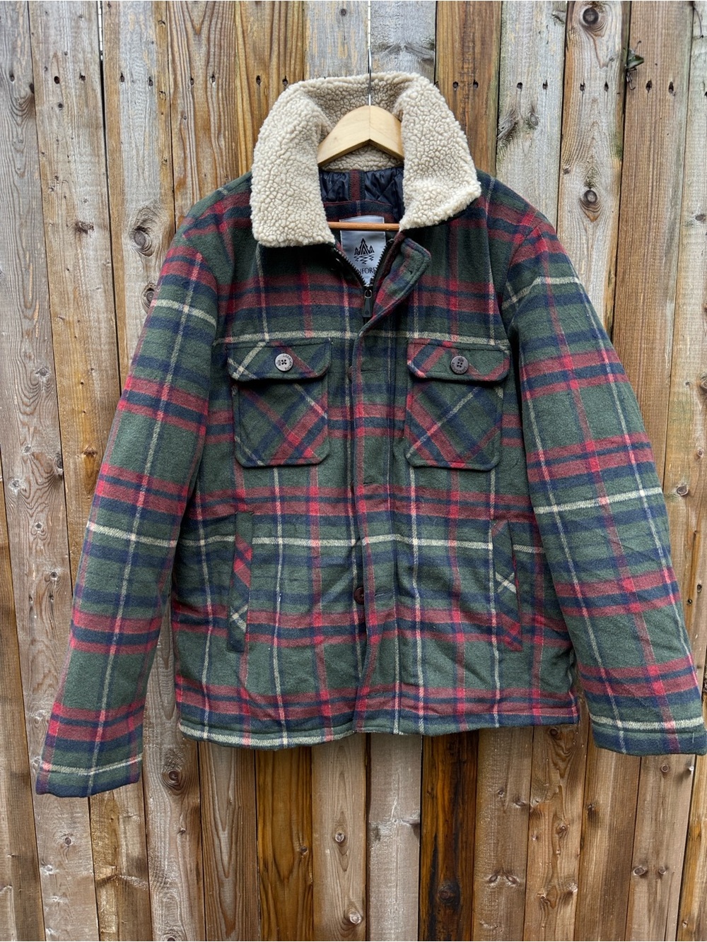 RAINFOREST Green and Red Plaid Sherpa-Collar Field Jacket